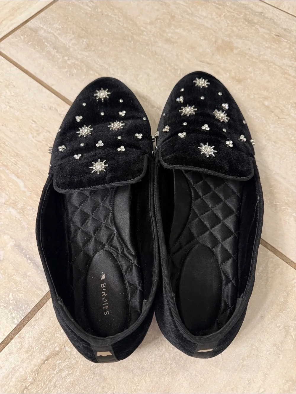 Birdies The Starling Black Velvet Starry Night Crystal Embellished Loafers